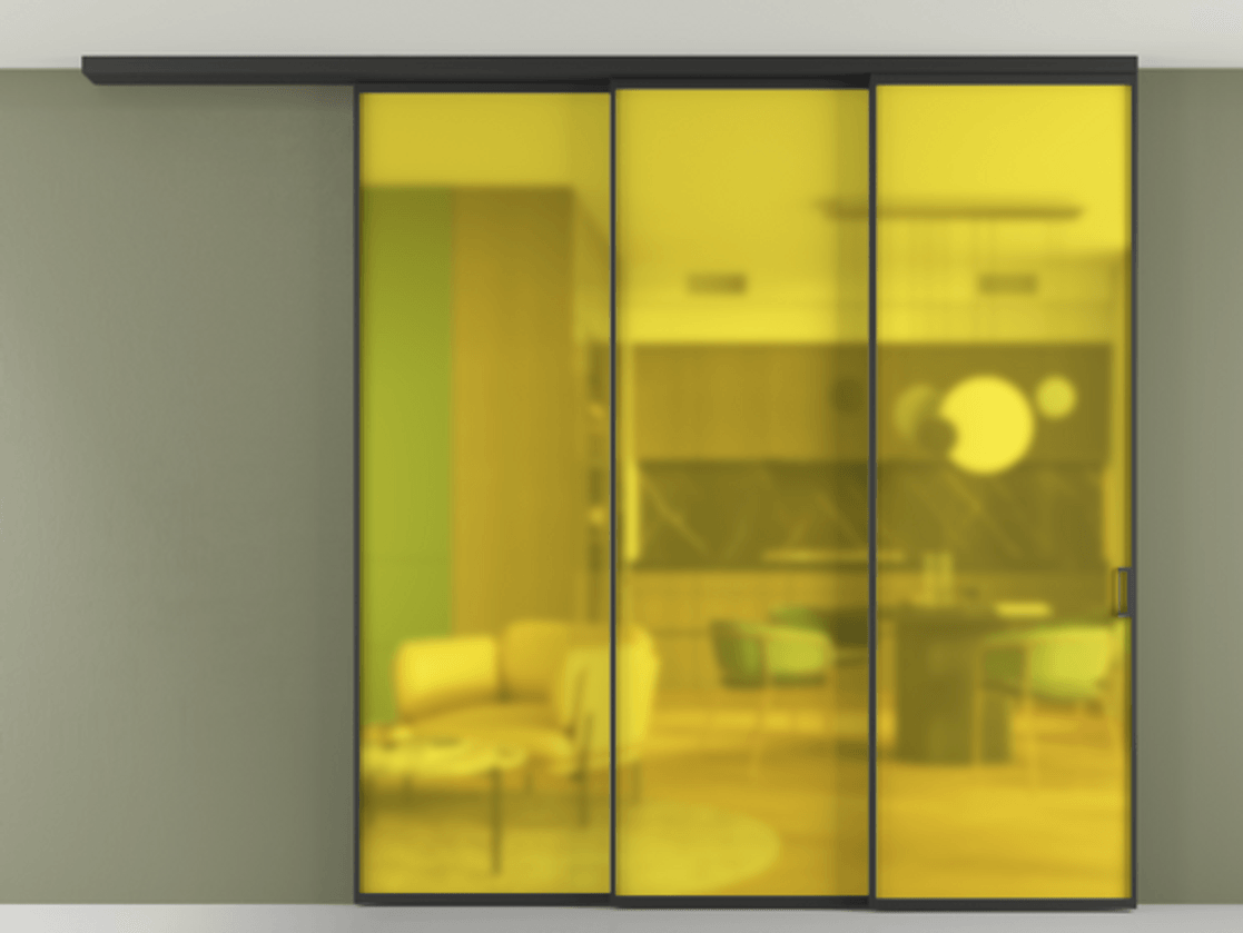 Перегородка Формато вдоль стены на потолок 3 створки с синхронным механизмом АЛПР 040.01 Алюминий Черный Сатинированное жёлтое стекло, триплекс Цена 19000 AZE | Volhovec