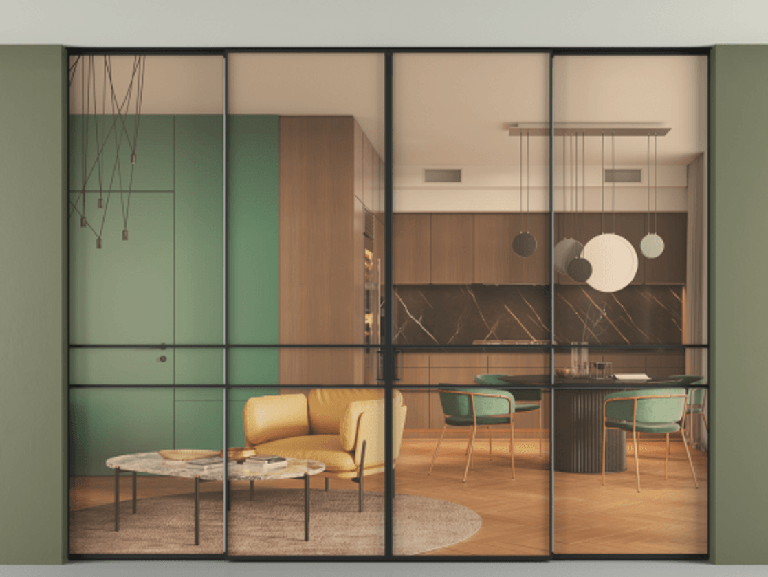 Перегородка Formato внутри проёма скрытое крепление в потолок 4 створки АЛПР 040.02 Алюминий Черный Прозрачное оранжевое стекло, триплекс Цена 23200 AZE | Volhovec