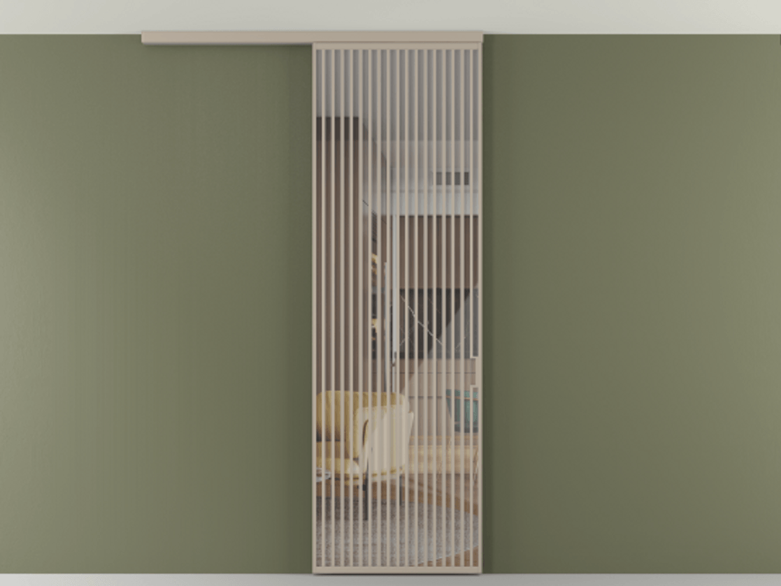 Перегородка Формато вдоль стены на потолок 1 створка АЛПР 040.06 Алюминий бисквитный Рефлективное прозрачное стекло "Стопсол", калёное Цена 10090 AZE | Volhovec