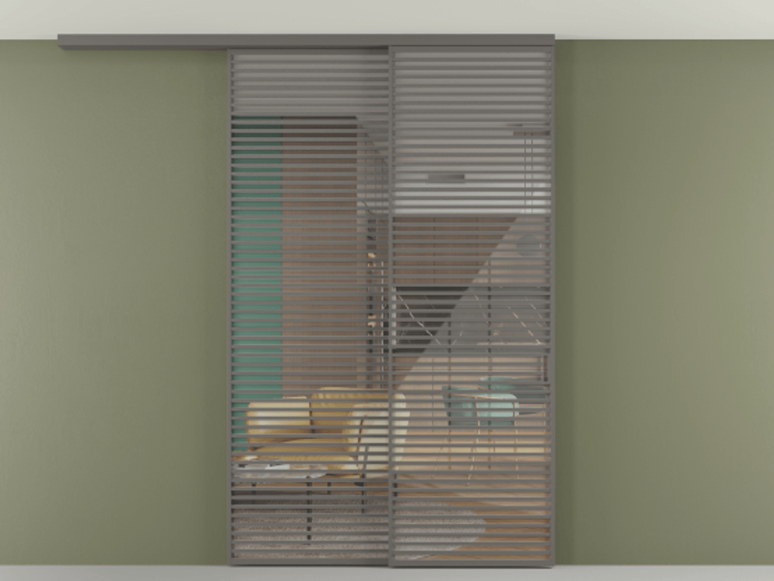 Перегородка Формато вдоль стены на потолок 2 створки с синхронным механизмом АЛПР 040.07 Алюминий классический серый Рефлективное прозрачное стекло "Стопсол", калёное Цена 24150 AZE | Volhovec