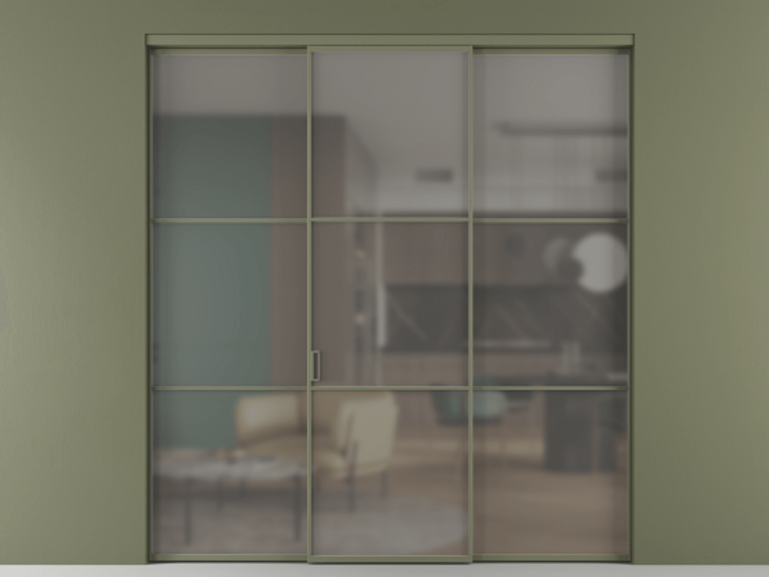 Перегородка Formato внутри проёма 3 створки АЛПР 040.03 Алюминий оливковый тёмный Сатинированное серое стекло, триплекс Цена 12370 AZE | Volhovec