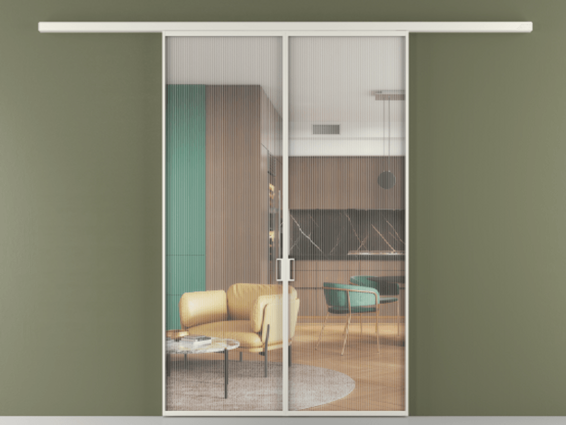 Перегородка Формато вдоль стены 2 створки АЛПР 040.01 Алюминий Белый Рифлёное стекло "Мору", триплекс Цена 10020 AZE | Volhovec