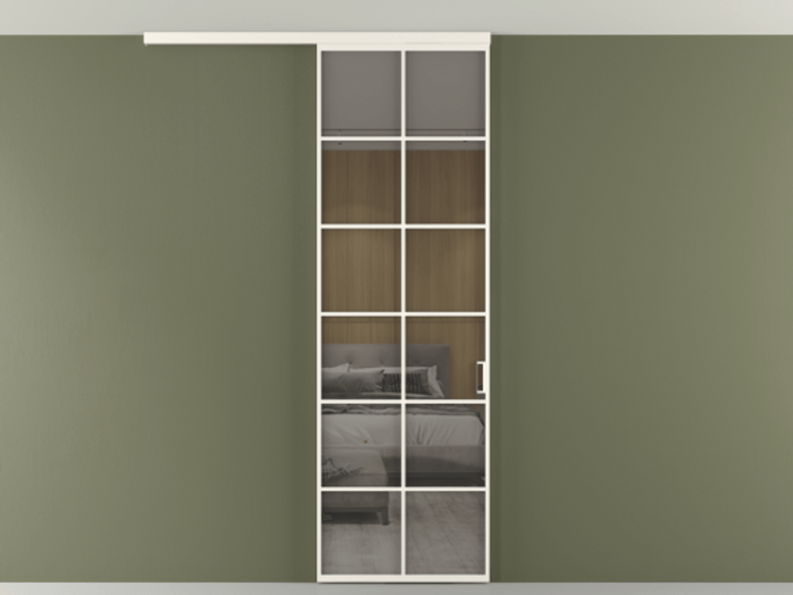 Перегородка Формато вдоль стены на потолок 1 створка АЛПР 040.05 Алюминий пудровый белый Рефлективное серое стекло "Стопсол", калёное Цена 904300 AMD | Volhovec