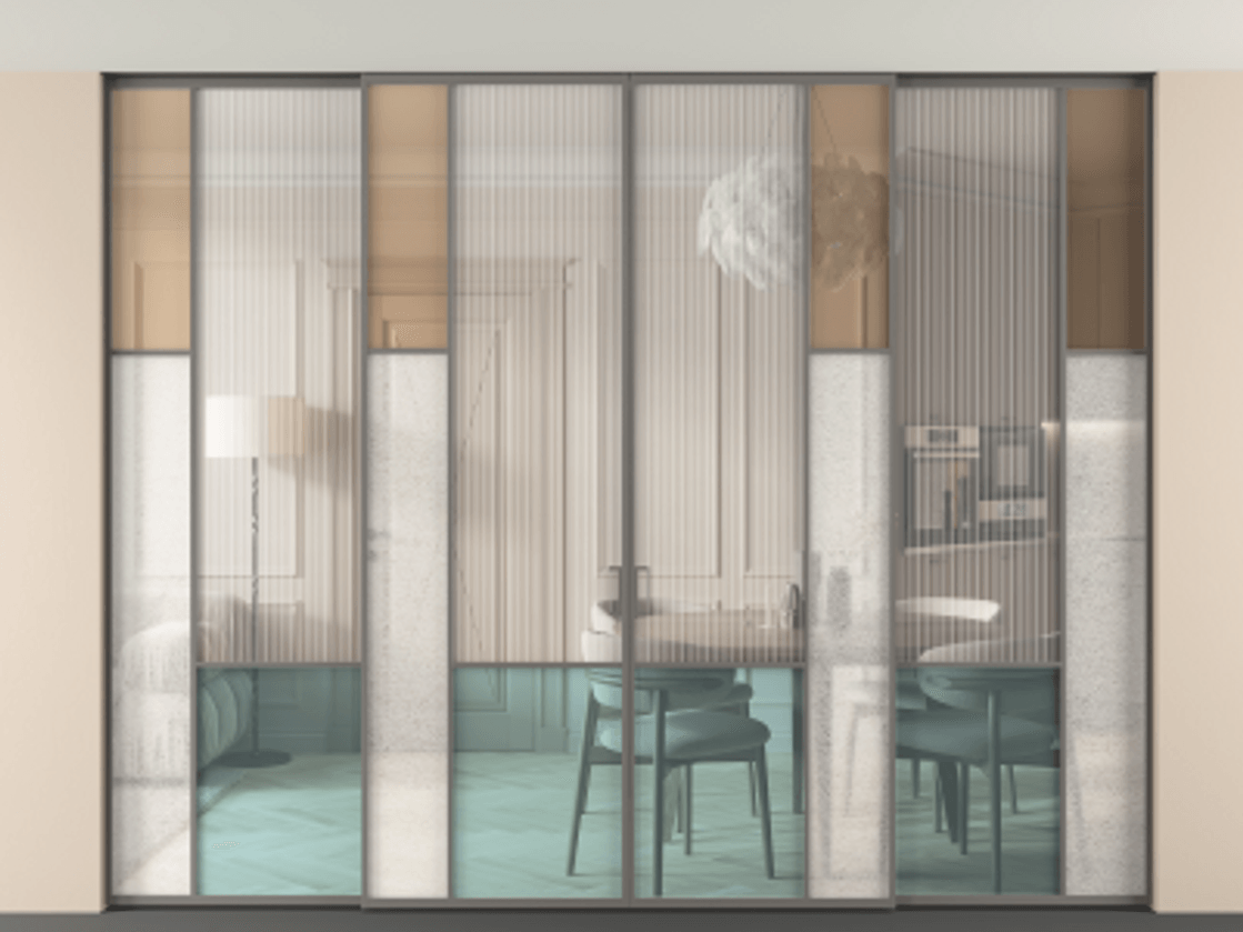 Перегородка Мозаик внутри проёма скрытое крепление в потолок 4 створки АЛПР 041.12 Алюминий классический серый Комбинация стекол Группы 1 и Группы 3 Цена 32200 AZE | Volhovec