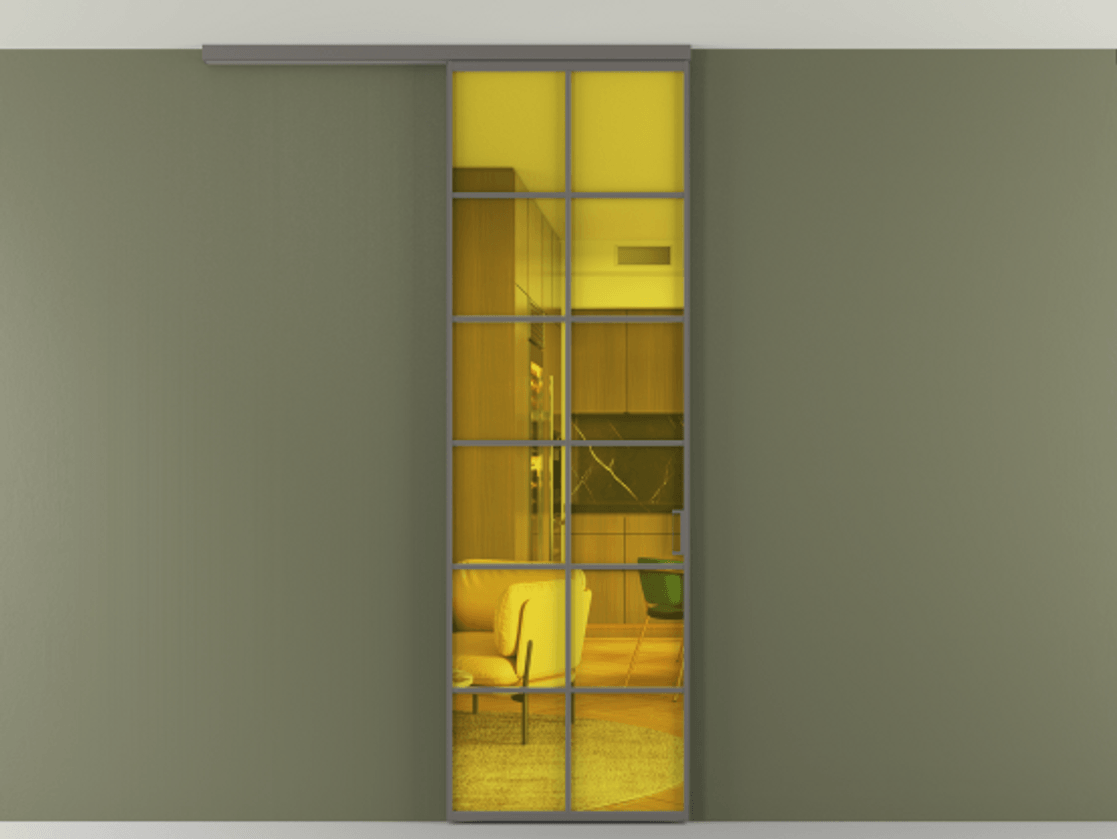 Перегородка Формато вдоль стены на потолок 1 створка АЛПР 040.05 Алюминий классический серый Прозрачное жёлтое стекло, триплекс Цена 5400 AZE | Volhovec