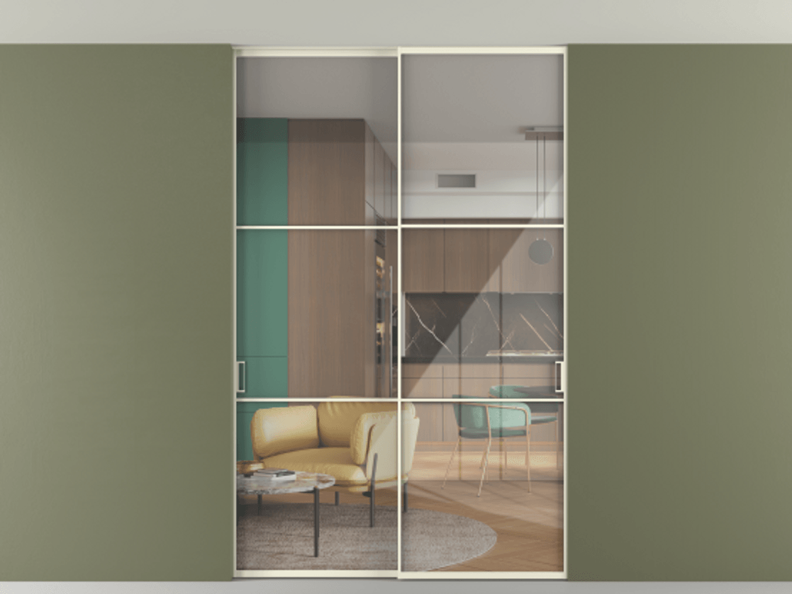 Перегородка Formato внутри проёма скрытое крепление в потолок 2 створки АЛПР 040.03 Алюминий молочно-белый Рефлективное прозрачное стекло "Stopsol", калёное Цена 15930 AZE | Volhovec