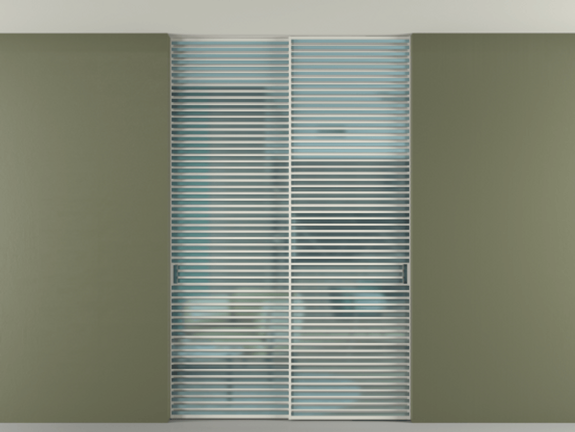 Перегородка Формато внутри проёма скрытое крепление в потолок 2 створки АЛПР 040.07 Алюминий Белый Сатинированное голубое стекло, триплекс Цена 396220 ₽ | Volhovec