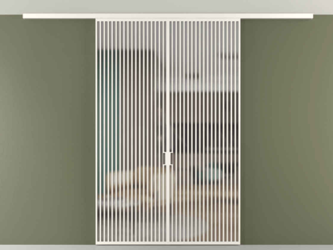 Перегородка Формато вдоль стены на потолок 2 створки АЛПР 040.06 Алюминий пудровый белый Сатинированное стекло "Мателюкс Кристал Вижн", калёное, матовое, каленое 6 мм Цена 23950 AZE | Volhovec