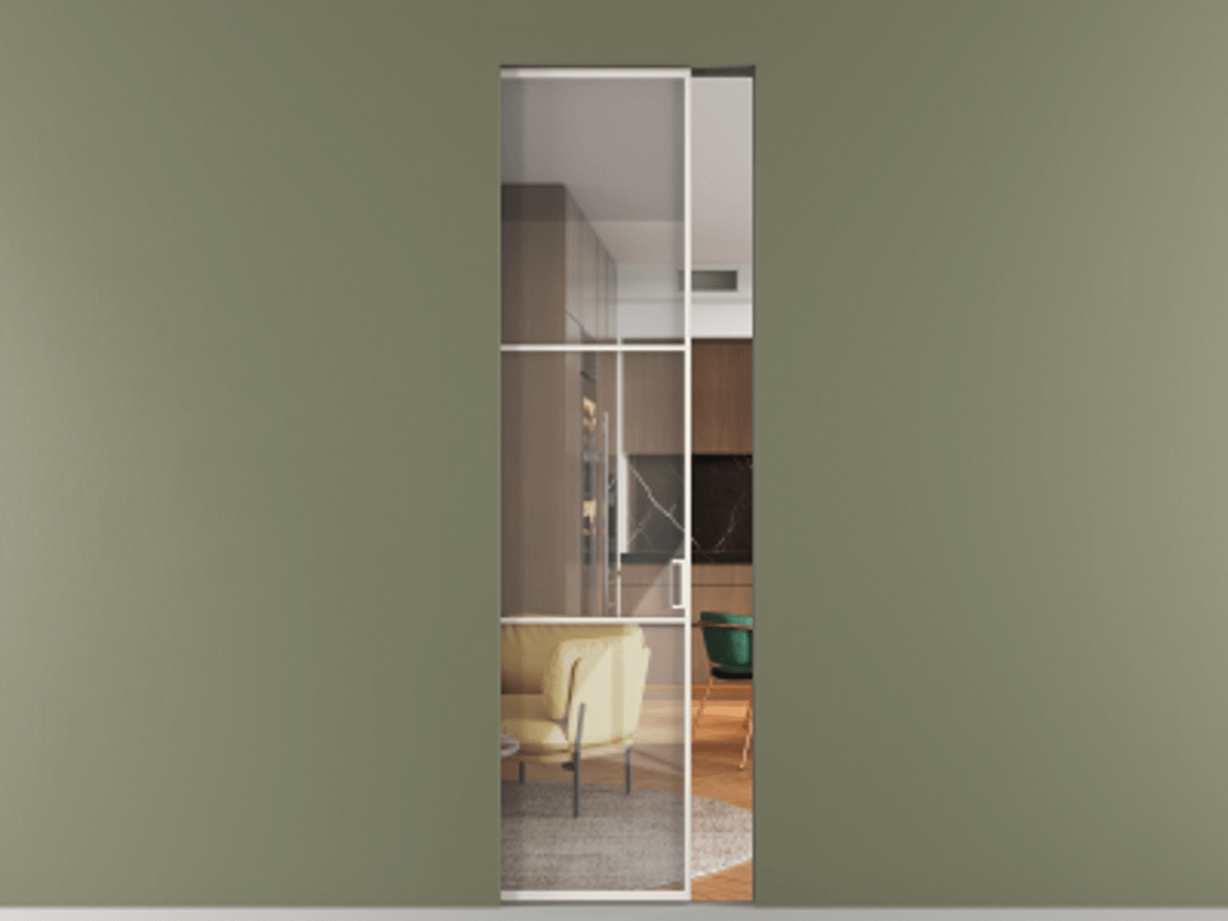 Перегородка Formato скрытый пенал 1 створка АЛПР 040.03 Алюминий пудровый белый Рефлективное прозрачное стекло "Stopsol", калёное Цена 9300 AZE | Volhovec