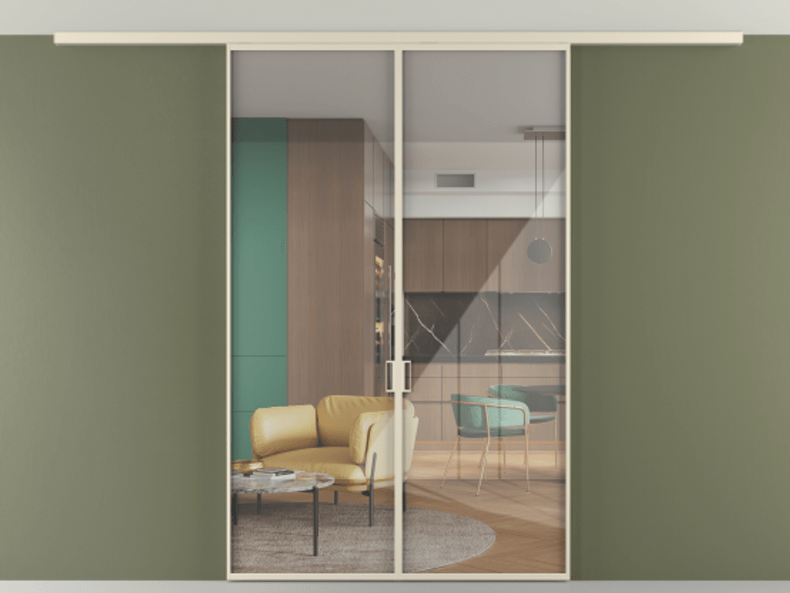 Перегородка Формато вдоль стены на потолок 2 створки АЛПР 040.01 Алюминий бежево-серый Рефлективное прозрачное стекло "Стопсол", калёное Цена 12100 AZE | Volhovec