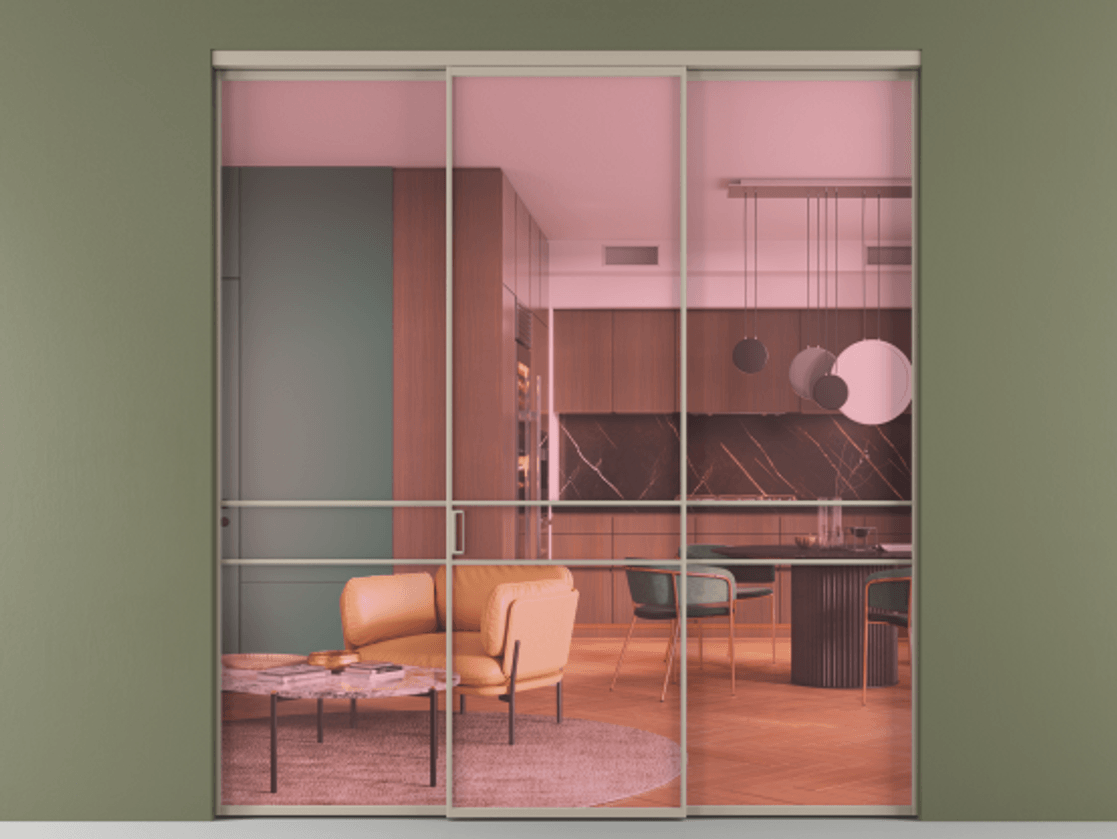 Перегородка Формато внутри проёма 3 створки АЛПР 040.02 Алюминий бисквитный Прозрачное розовое стекло, триплекс Цена 12400 AZE | Volhovec