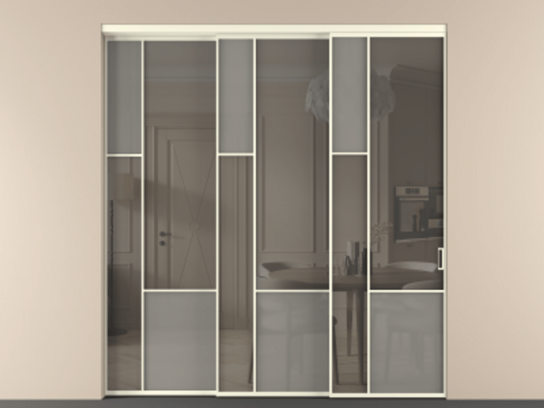 Перегородка Мозаик внутри проёма 3 створки с синхронным механизмом АЛПР 041.13 Алюминий молочно-белый Сатинированное серое стекло, триплекс, 6 мм + Прозрачное серое стекло, триплекс Цена 22800 AZE | Volhovec