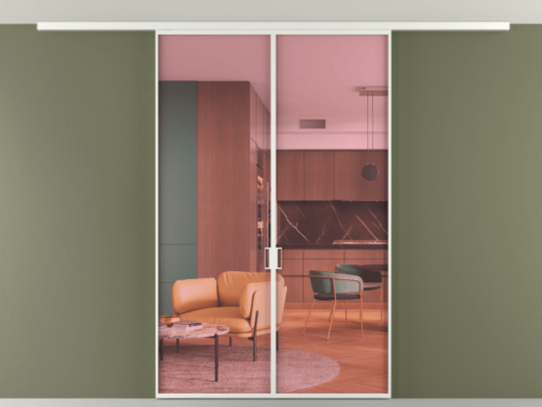 Перегородка Формато вдоль стены на потолок 2 створки АЛПР 040.01 Алюминий светло-серый Прозрачное розовое стекло, триплекс Цена 9300 AZE | Volhovec