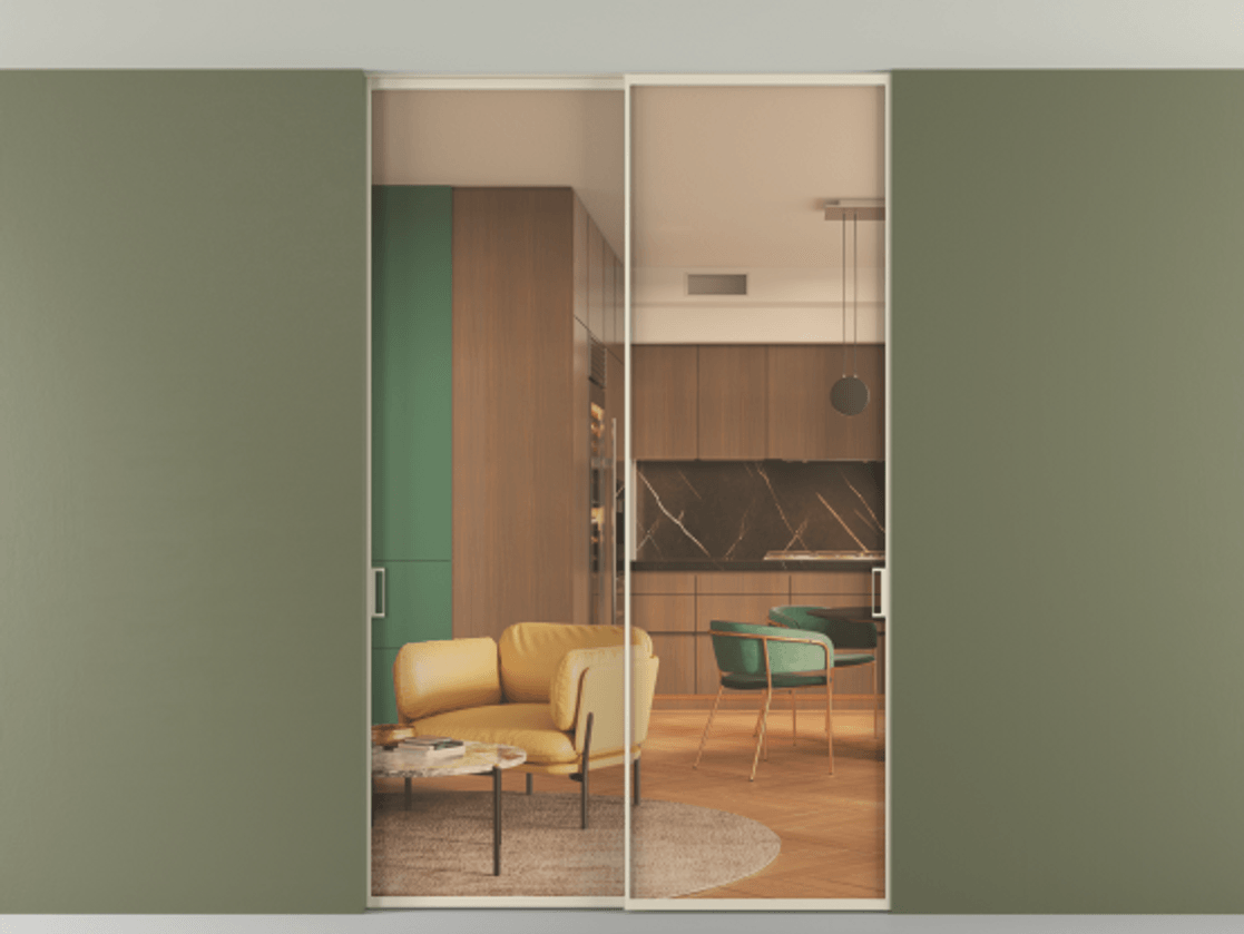 Перегородка Формато внутри проёма скрытое крепление в потолок 2 створки АЛПР 040.01 Алюминий бежево-серый Прозрачное оранжевое стекло, триплекс Цена 12900 AZE | Volhovec