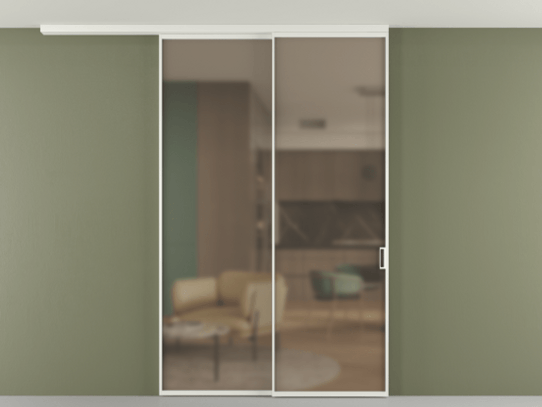 Перегородка Формато вдоль стены на потолок 2 створки с синхронным механизмом АЛПР 040.01 Алюминий светло-серый Сатинированное бронзовое стекло, триплекс Цена 15590 AZE | Volhovec