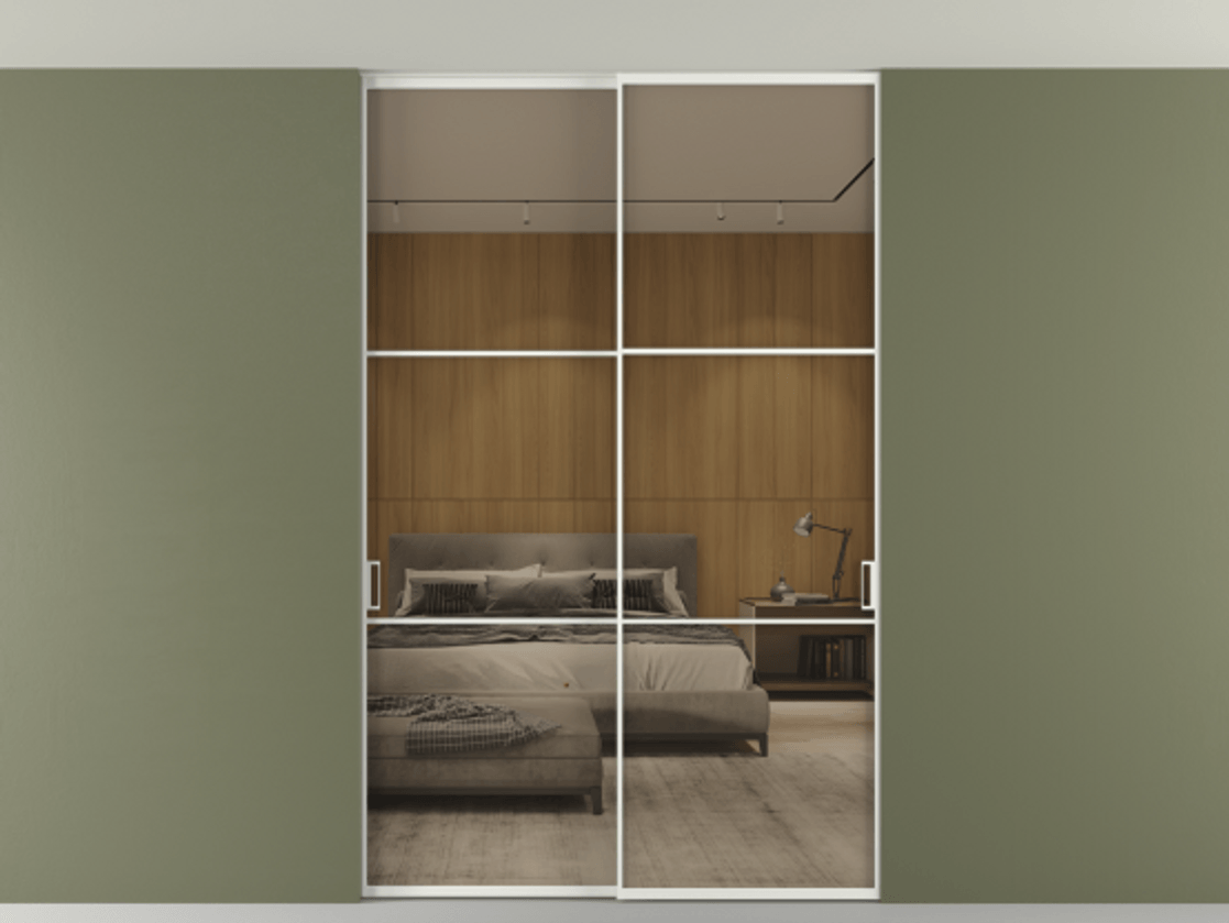 Перегородка Формато внутри проёма скрытое крепление в потолок 2 створки АЛПР 040.03 Алюминий светло-серый Рефлективное бронзовое стекло "Стопсол", калёное Цена 15930 AZE | Volhovec