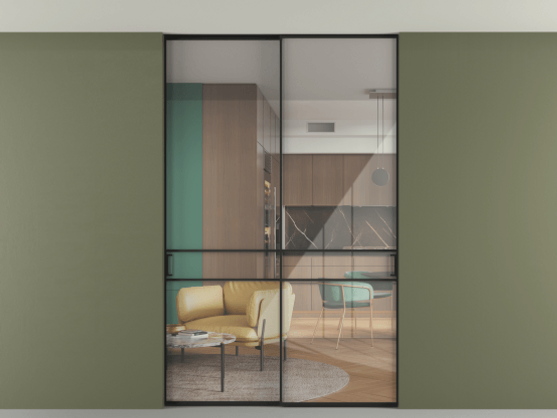 Перегородка Формато внутри проёма скрытое крепление в потолок 2 створки АЛПР 040.02 Алюминий Черный Рефлективное прозрачное стекло "Стопсол", калёное Цена 15510 AZE | Volhovec