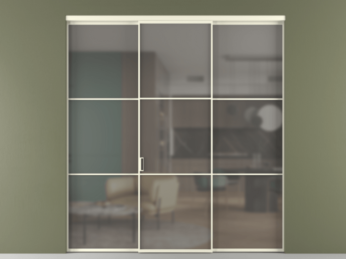 Перегородка Formato внутри проёма 3 створки АЛПР 040.03 Алюминий молочно-белый Сатинированное серое стекло, триплекс Цена 12370 AZE | Volhovec