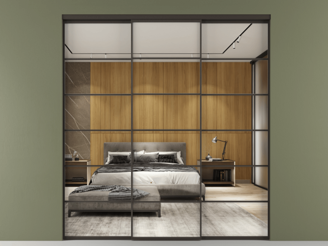 Перегородка Формато внутри проёма 3 створки АЛПР 040.04 Алюминий антрацит Двустороннее зеркало, триплекс , триплекс 6 мм Цена 13280 AZE | Volhovec