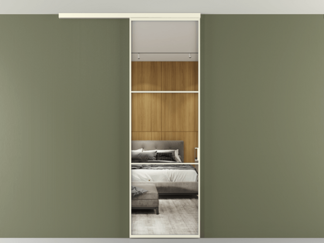 Перегородка Формато вдоль стены на потолок 1 створка АЛПР 040.03 Алюминий молочно-белый Двустороннее зеркало, триплекс , триплекс 6 мм Цена 5260 AZE | Volhovec