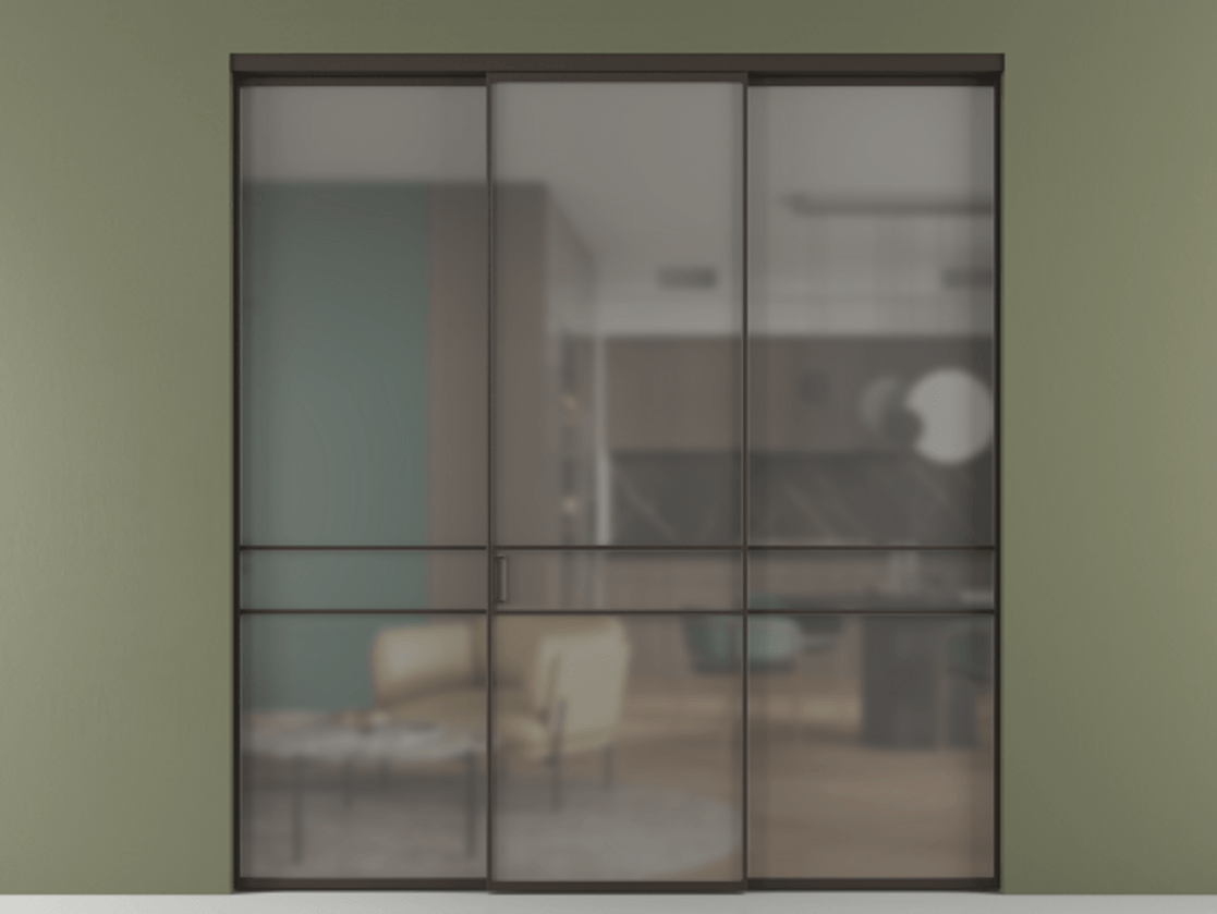 Перегородка Формато внутри проёма 3 створки АЛПР 040.02 Алюминий антрацит Сатинированное серое стекло, триплекс Цена 12370 AZE | Volhovec