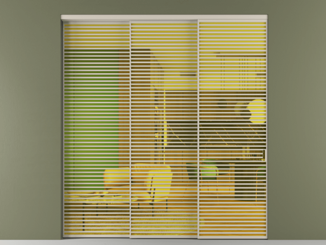 Перегородка Formato внутри проёма 3 створки с синхронным механизмом АЛПР 040.07 Алюминий светло-бежевый Прозрачное жёлтое стекло, триплекс Цена 30200 AZE  | Volhovec