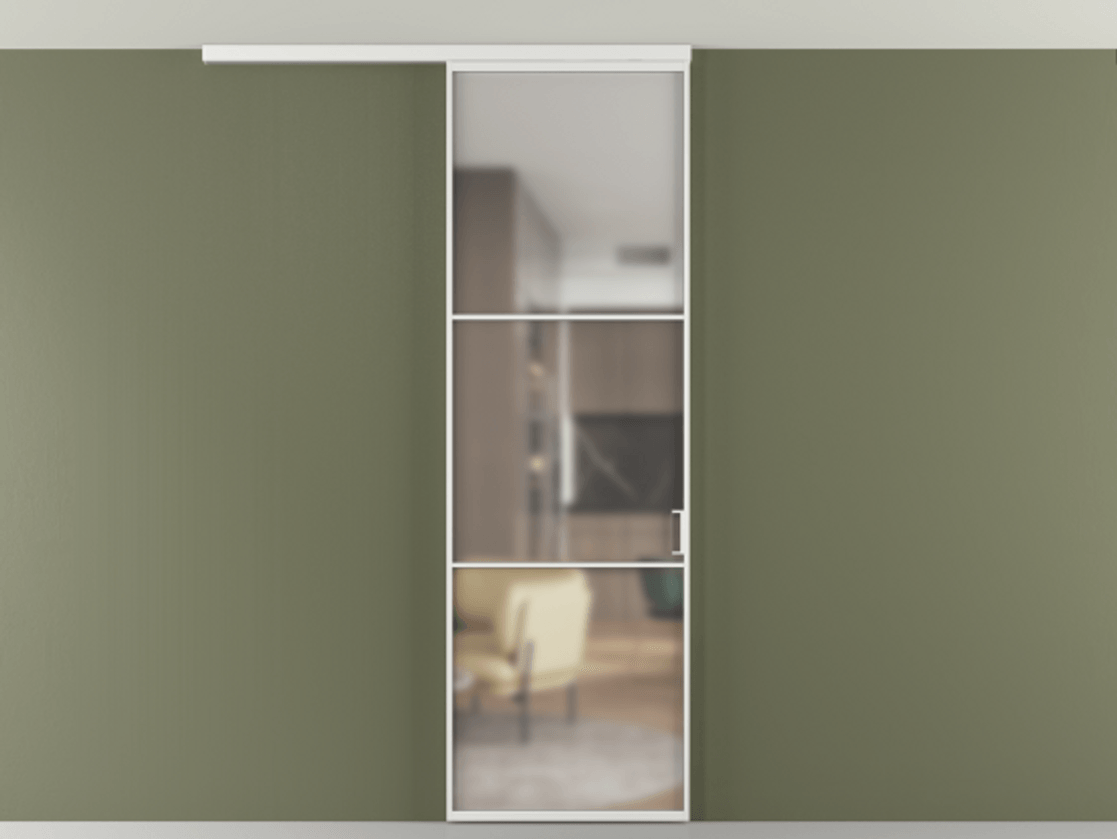 Перегородка Формато вдоль стены на потолок 1 створка АЛПР 040.03 Алюминий белоснежный Сатинированное стекло "Мателюкс Кристал Вижн", калёное, матовое, каленое 6 мм Цена 5600 AZE | Volhovec