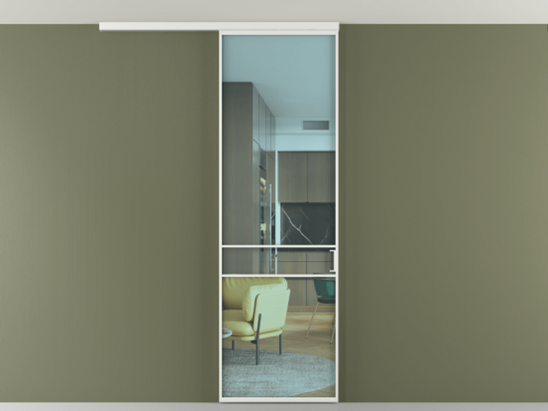 Перегородка Формато вдоль стены на потолок 1 створка АЛПР 040.02 Алюминий белоснежный Прозрачное голубое стекло, триплекс Цена 5000 AZE | Volhovec