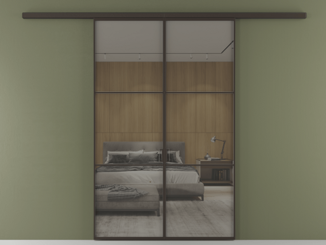 Перегородка Формато вдоль стены 2 створки АЛПР 040.03 Алюминий антрацит Рефлективное серое стекло "Стопсол", калёное Цена 12980 AZE | Volhovec