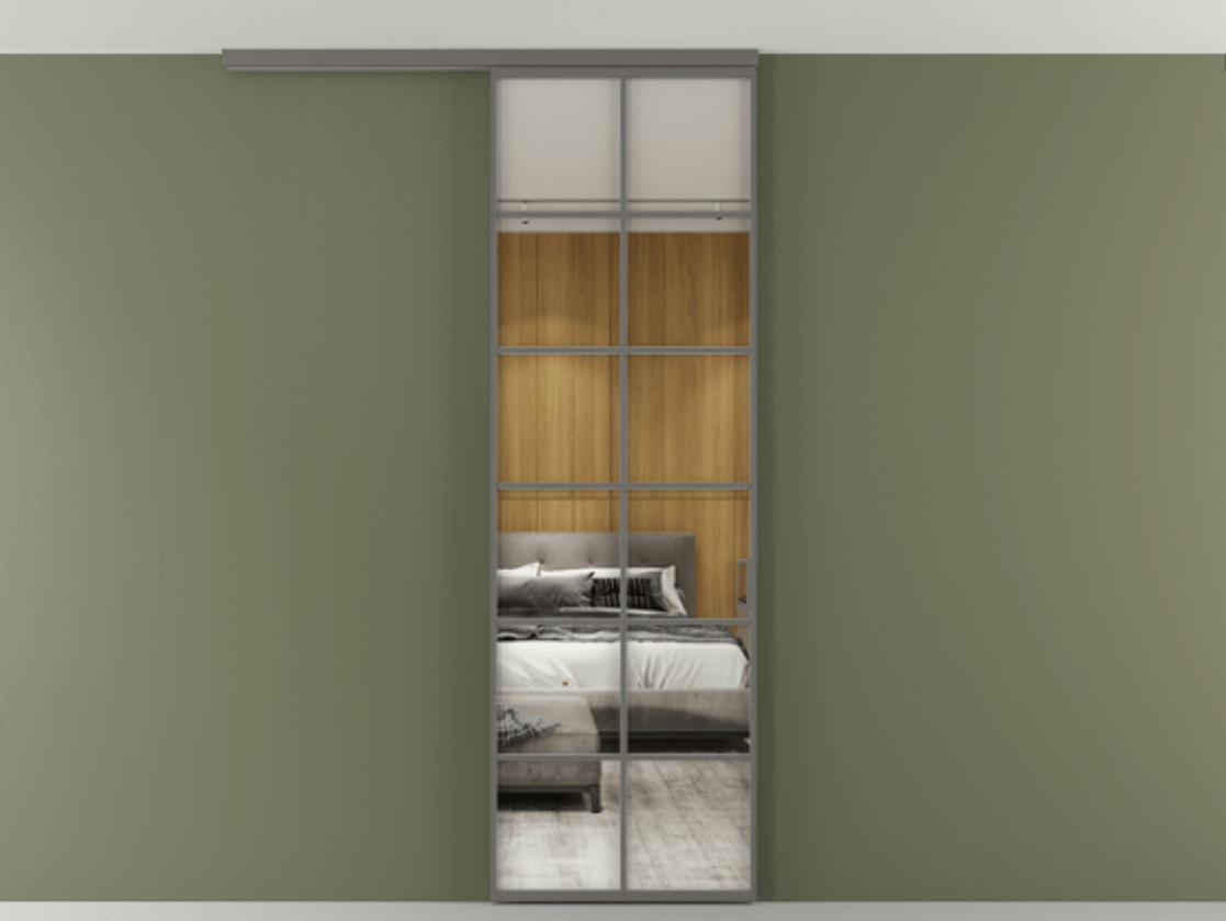 Перегородка Формато вдоль стены на потолок 1 створка АЛПР 040.05 Алюминий классический серый Двустороннее зеркало, триплекс , триплекс 6 мм Цена 5620 AZE | Volhovec