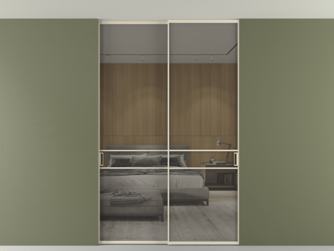 Перегородка Formato внутри проёма скрытое крепление в потолок 2 створки АЛПР 040.02 Алюминий бежево-серый Рефлективное серое стекло "Стопсол", калёное Цена 15930 AZE | Volhovec