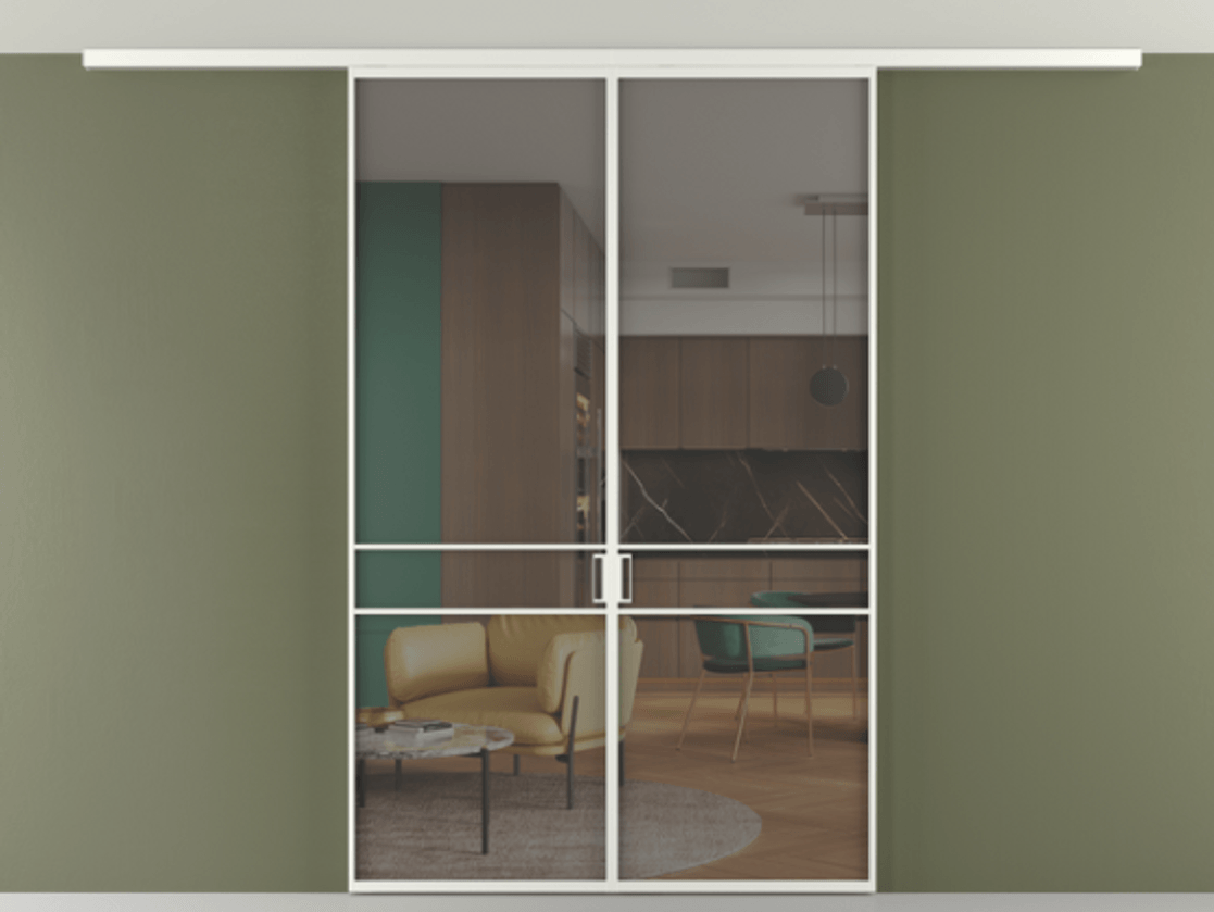 Перегородка Формато вдоль стены на потолок 2 створки АЛПР 040.02 Алюминий светло-серый Прозрачное серое стекло, триплекс Цена 9730 AZE | Volhovec