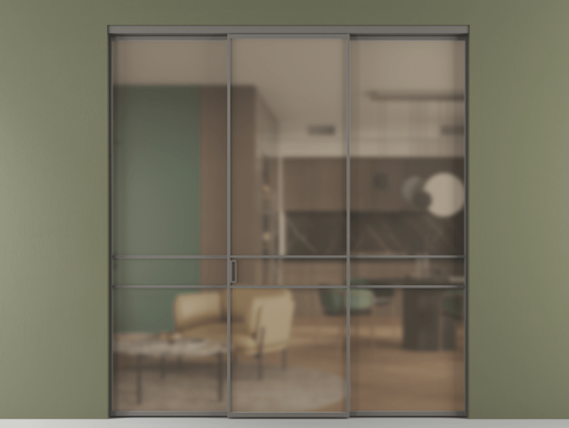 Перегородка Формато внутри проёма 3 створки АЛПР 040.02 Алюминий классический серый Сатинированное бронзовое стекло, триплекс Цена 12370 AZE | Volhovec