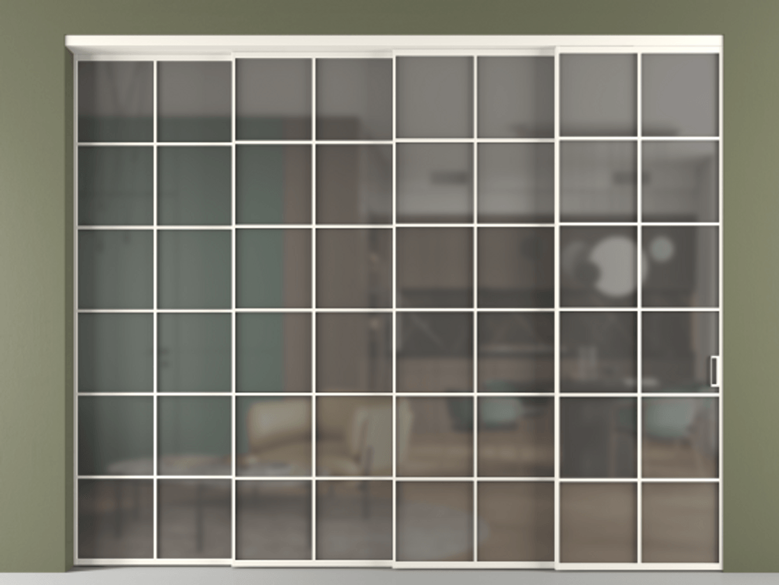 Перегородка Формато внутри проёма 4 створки с синхронным механизмом АЛПР 040.05 Алюминий пудровый белый Сатинированное серое стекло, триплекс Цена 3295660 AMD | Volhovec