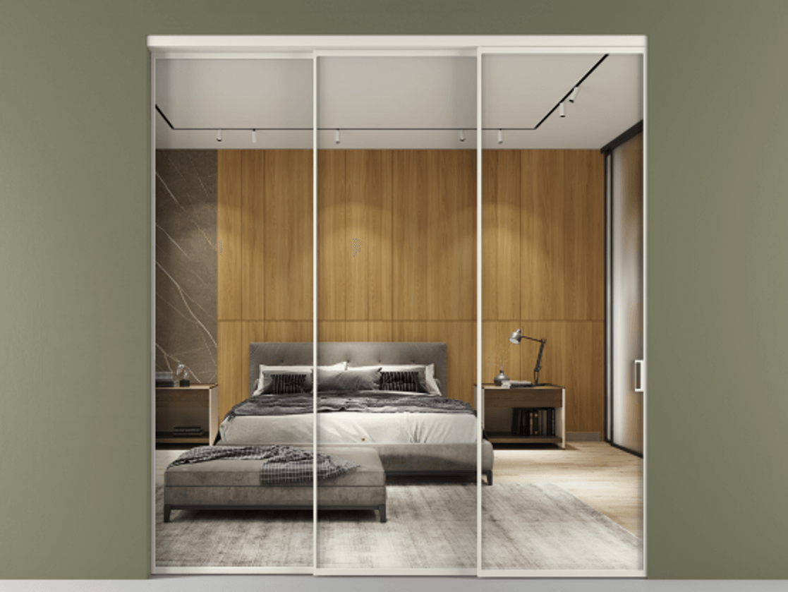 Перегородка Формато внутри проёма 3 створки с синхронным механизмом АЛПР 040.01 Алюминий Белый Двустороннее зеркало, триплекс , триплекс 6 мм Цена 316120 ₽  | Volhovec