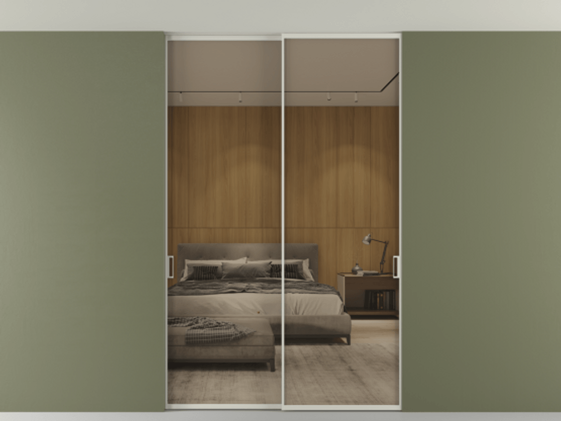 Перегородка Formato внутри проёма скрытое крепление в потолок 2 створки АЛПР 040.01 Алюминий тёплый серый Рефлективное бронзовое стекло "Стопсол", калёное Цена 15310 AZE | Volhovec