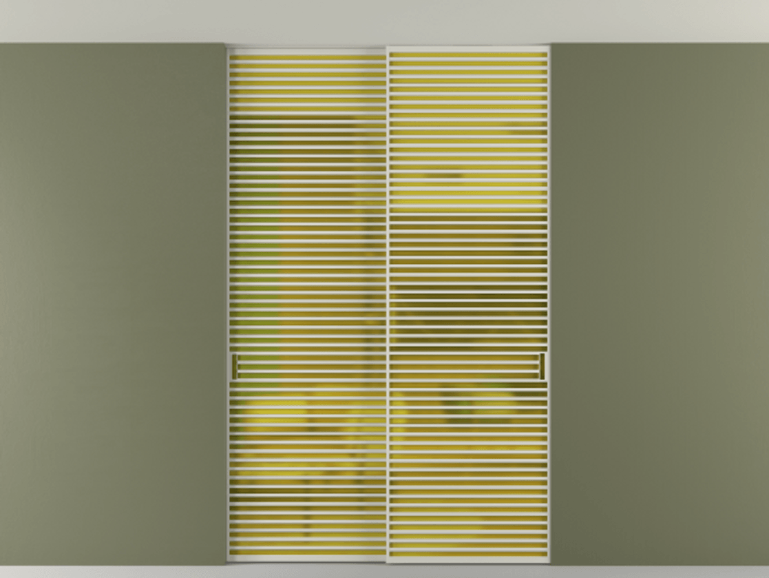 Перегородка Формато внутри проёма скрытое крепление в потолок 2 створки АЛПР 040.07 Алюминий тёплый серый Сатинированное жёлтое стекло, триплекс Цена 21400 AZE | Volhovec