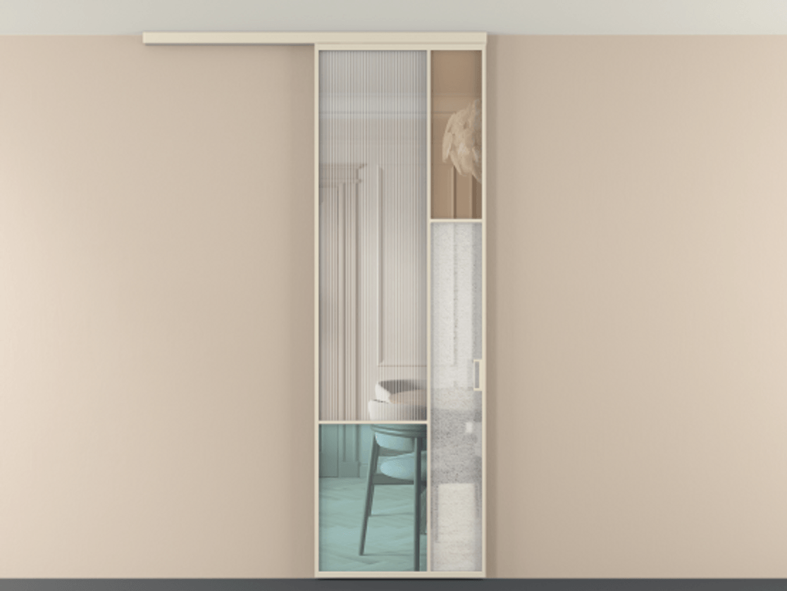 Перегородка Мозаик вдоль стены на потолок 1 створка АЛПР 041.12 Алюминий бежево-серый Комбинация стекол Группы 1 и Группы 3 Цена 7400 AZE | Volhovec