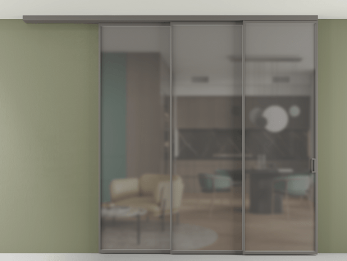 Перегородка Формато вдоль стены на потолок 3 створки с синхронным механизмом АЛПР 040.01 Алюминий классический серый Сатинированное серое стекло, триплекс Цена 19920 AZE | Volhovec