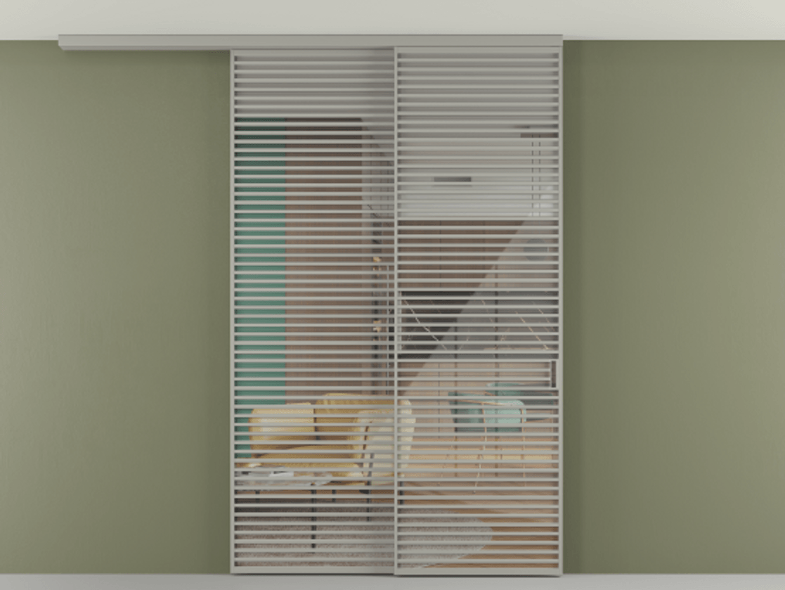 Перегородка Формато вдоль стены на потолок 2 створки с синхронным механизмом АЛПР 040.07 Алюминий нейтральный серый Рефлективное прозрачное стекло "Стопсол", калёное Цена 24150 AZE | Volhovec