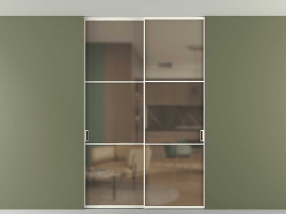 Перегородка Formato внутри проёма скрытое крепление в потолок 2 створки АЛПР 040.03 Алюминий пудровый белый Сатинированное бронзовое стекло, триплекс Цена 12940 AZE | Volhovec