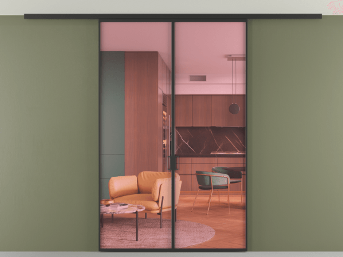 Перегородка Формато вдоль стены на потолок 2 створки АЛПР 040.01 Алюминий Черный Прозрачное розовое стекло, триплекс Цена 8900 AZE | Volhovec