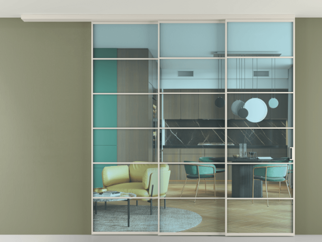 Перегородка Formato вдоль стены на потолок 3 створки с синхронным механизмом АЛПР 040.04 Алюминий облачно-серый Прозрачное голубое стекло, триплекс Цена 21700 AZE | Volhovec