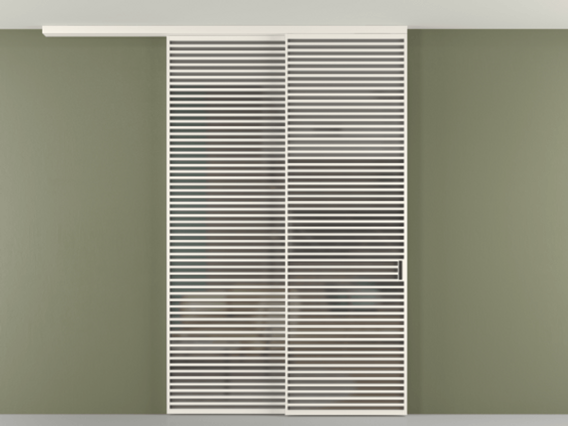 Перегородка Формато вдоль стены на потолок 2 створки с синхронным механизмом АЛПР 040.07 Алюминий пудровый белый Сатинированное серое стекло, триплекс Цена 27450 AZE | Volhovec