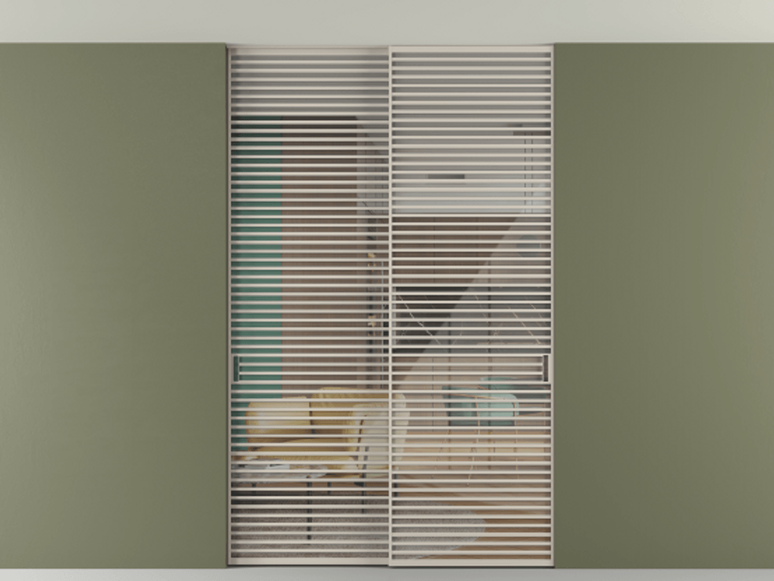 Перегородка Формато внутри проёма скрытое крепление в потолок 2 створки АЛПР 040.07 Алюминий светло-бежевый Рефлективное прозрачное стекло "Стопсол", калёное Цена 27160 AZE | Volhovec