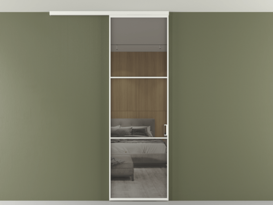 Перегородка Формато вдоль стены на потолок 1 створка АЛПР 040.03 Алюминий светло-серый Рефлективное серое стекло "Стопсол", калёное Цена 6540 AZE | Volhovec