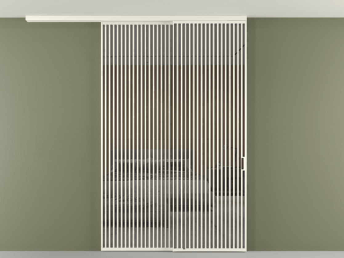 Перегородка Формато вдоль стены на потолок 2 створки с синхронным механизмом АЛПР 040.06 Алюминий жемчужный Рефлективное серое стекло "Стопсол", калёное Цена 24150 AZE | Volhovec