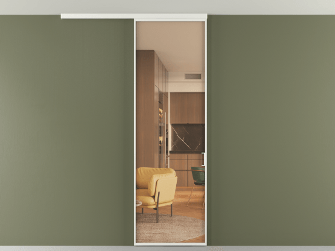 Перегородка Формато вдоль стены на потолок 1 створка АЛПР 040.01 Алюминий светло-серый Прозрачное оранжевое стекло, триплекс Цена 4800 AZE | Volhovec