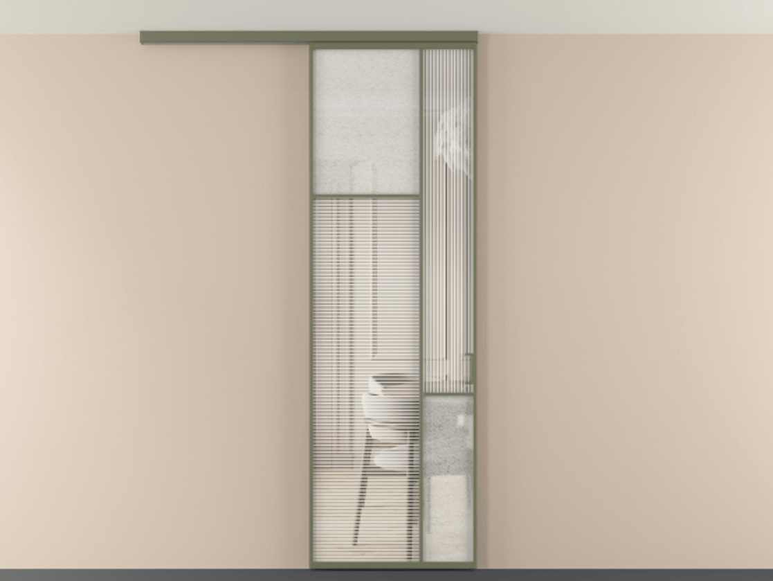 Перегородка Мозаик вдоль стены на потолок 1 створка АЛПР 041.10 Алюминий оливковый тёмный Рифлёное стекло "Дюна", триплекс, 6 мм + Фактурное стекло "Лёд", триплекс Цена 7460 AZE | Volhovec