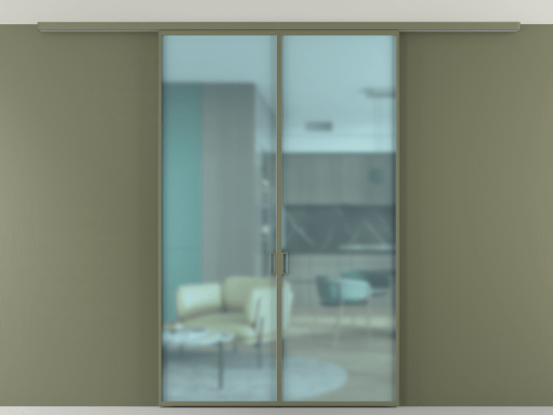 Перегородка Formato вдоль стены на потолок 2 створки АЛПР 040.01 Алюминий оливковый тёмный Сатинированное голубое стекло, триплекс Цена 185372 ₽ | Volhovec
